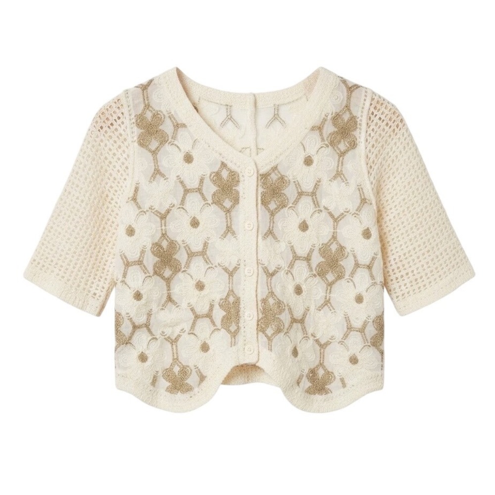 Unbranded Crop Top Women XS/S Cream Floral Embroidered Crochet Sleeve Button Up